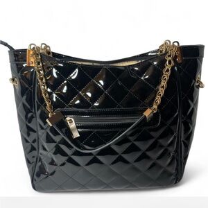 Large Black Quilted Patent Shoulder Bag Gold Chain Straps